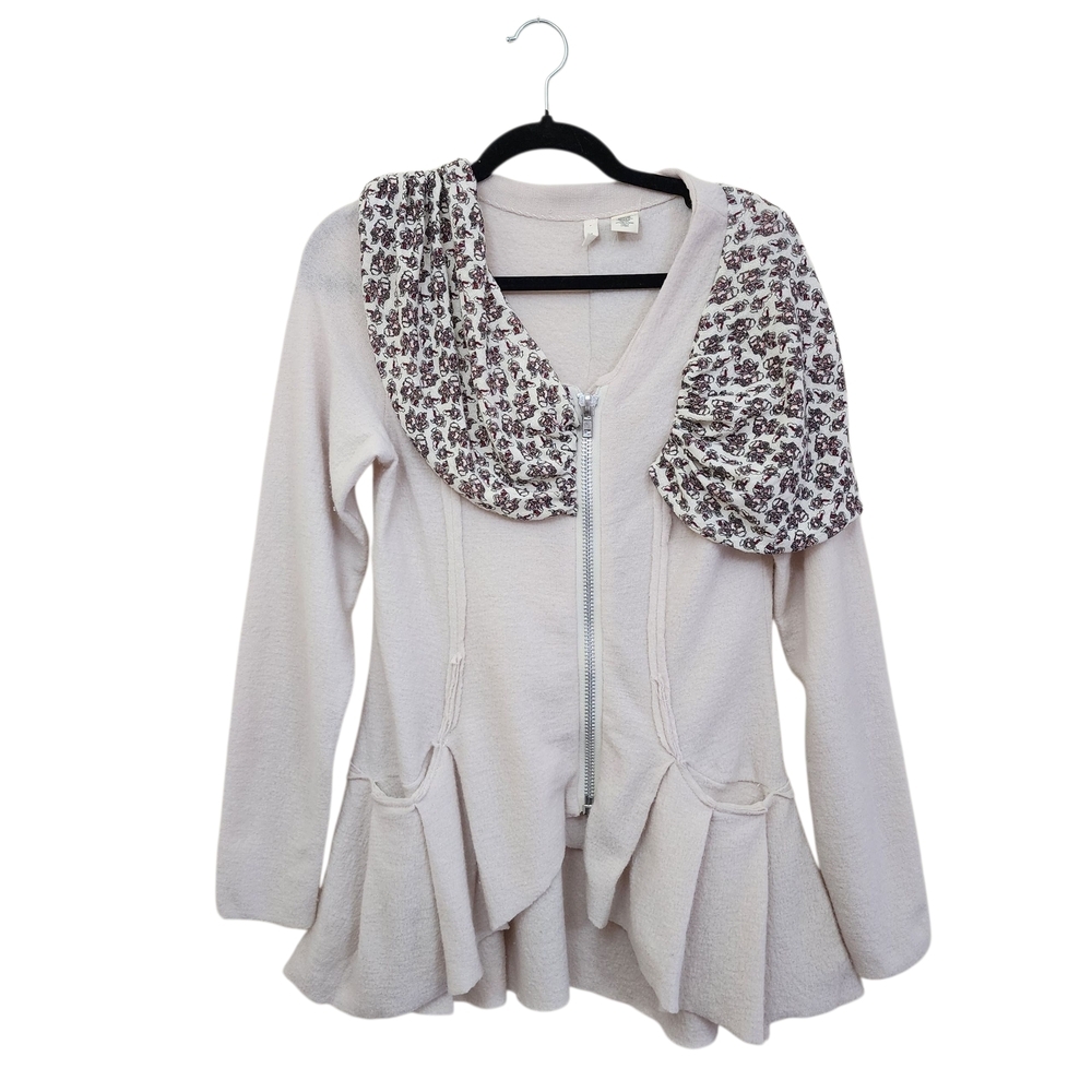 Anthropologie Moth Asymmetrical Pleated Wool Zip Up Sweater Floral Ruffled